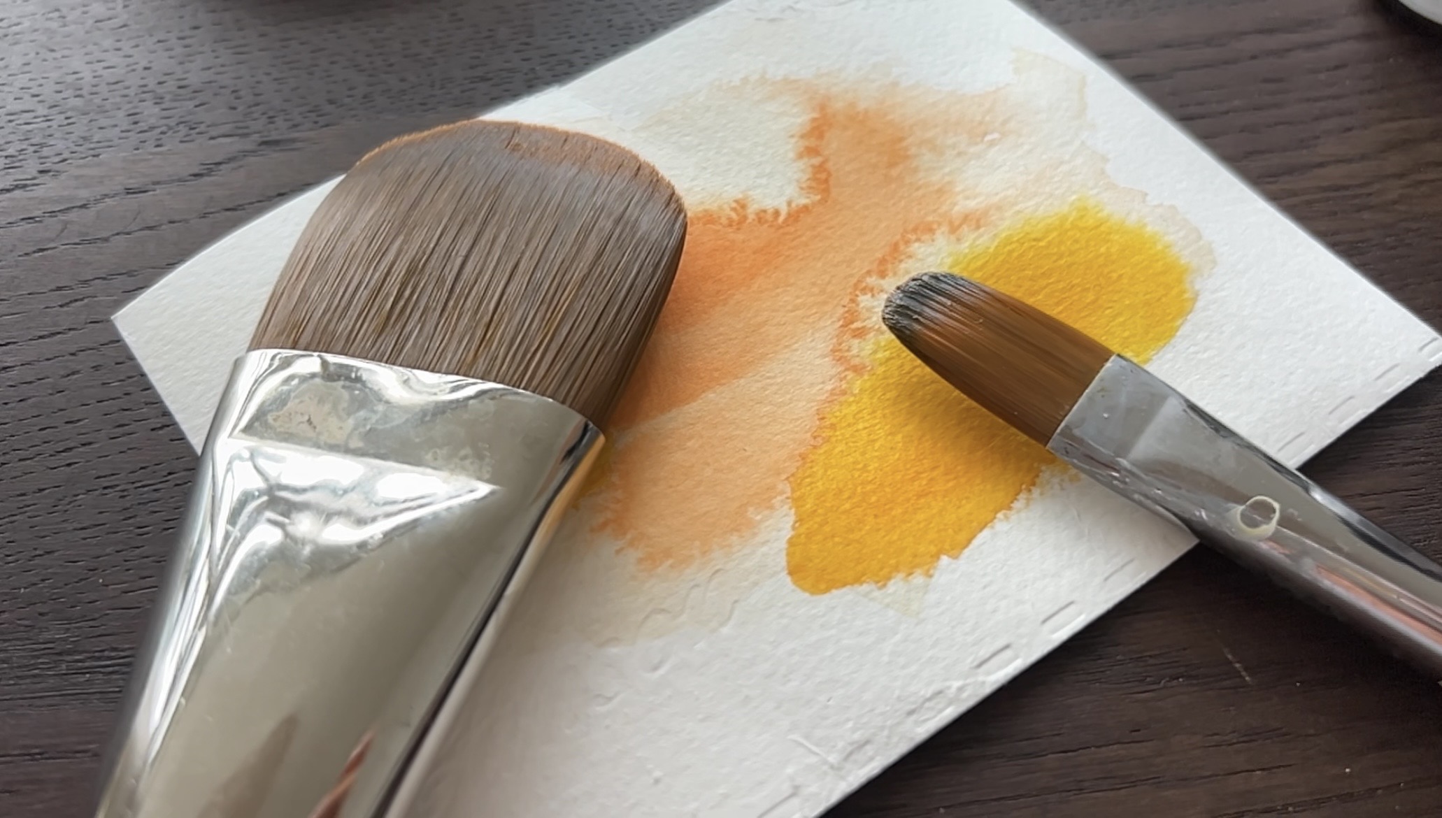 Watercolour brushes and warm washes of paint in Nynne Glahn's studio